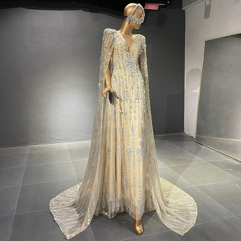 Luxurious Crystal Pearls Evening Dress with Cape Sleeves SS750