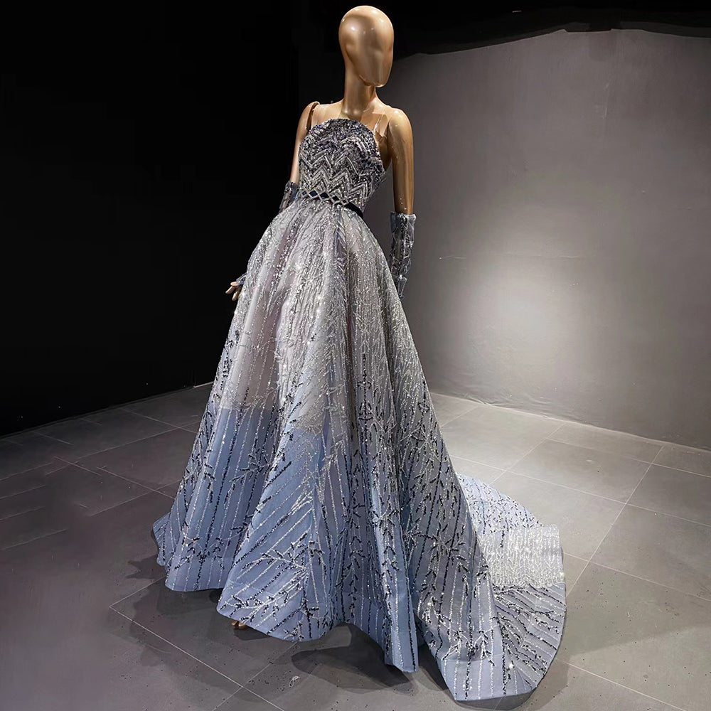 Stunning Glitter Blue Beaded A-Line Evening Dress SS752