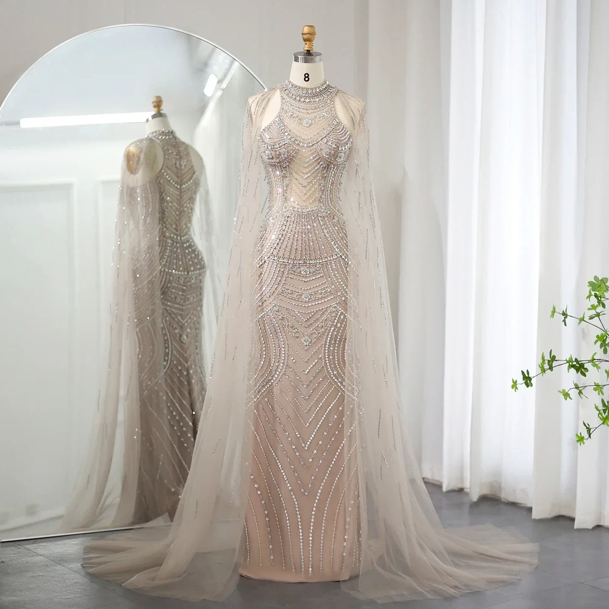 Luxury Champagne Evening Dresses with Cape Sleeves SS077