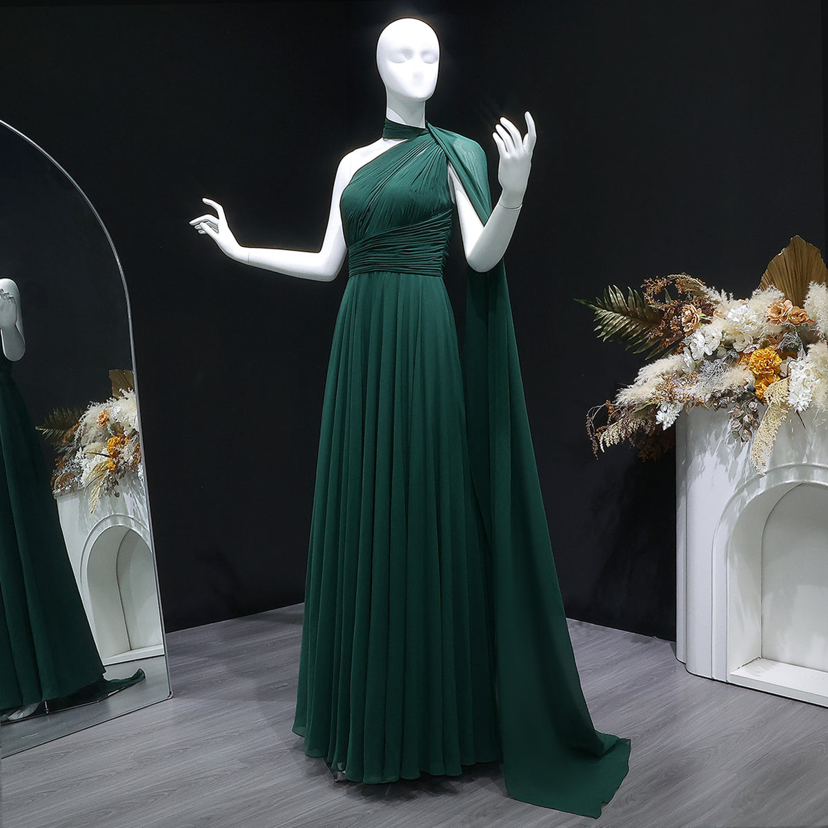 Elegant Emerald Green One-Shoulder Pleated Chiffon Evening Dress with Cap SF019A