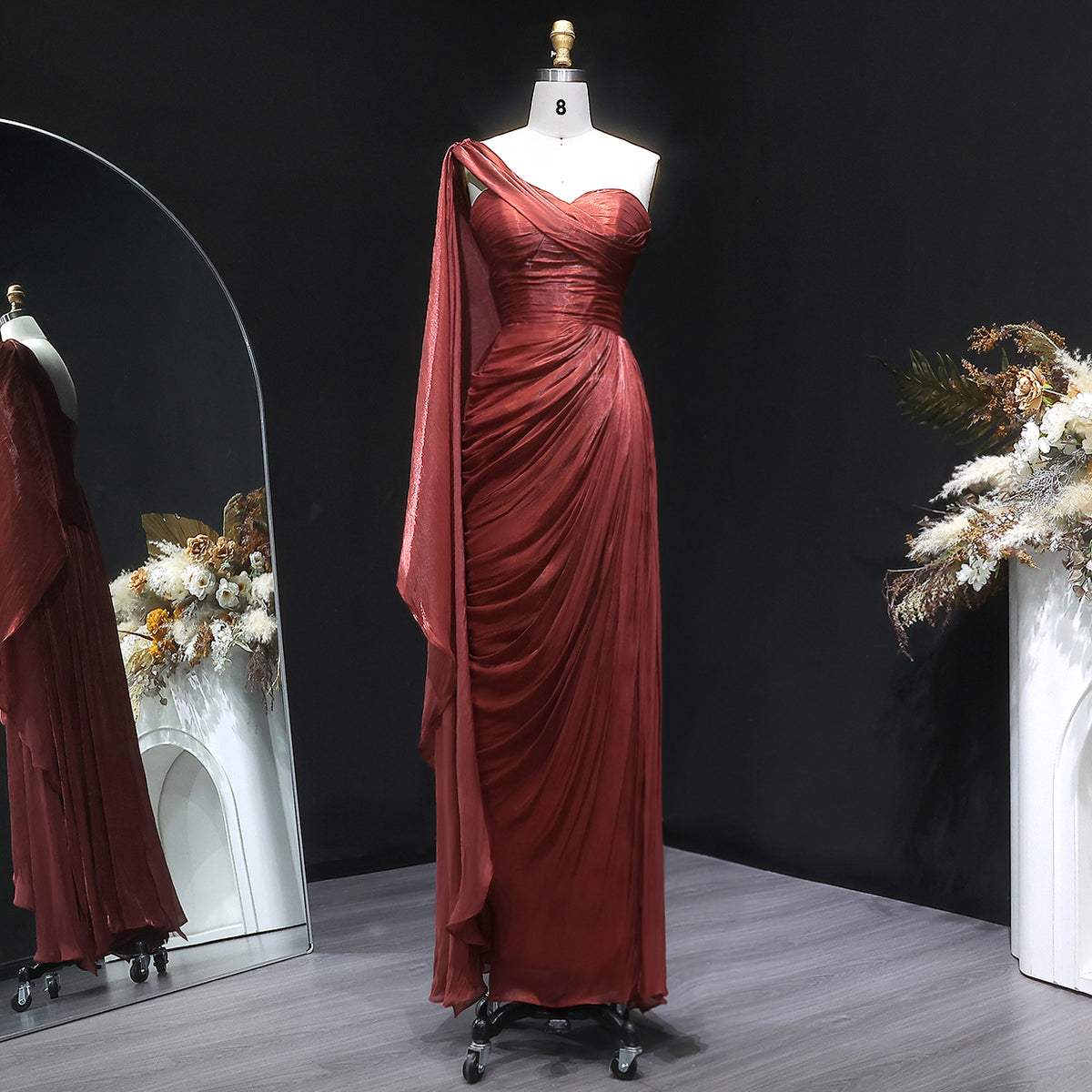 Luxury Fuchsia One Shoulder Evening Dress with Cap SF029