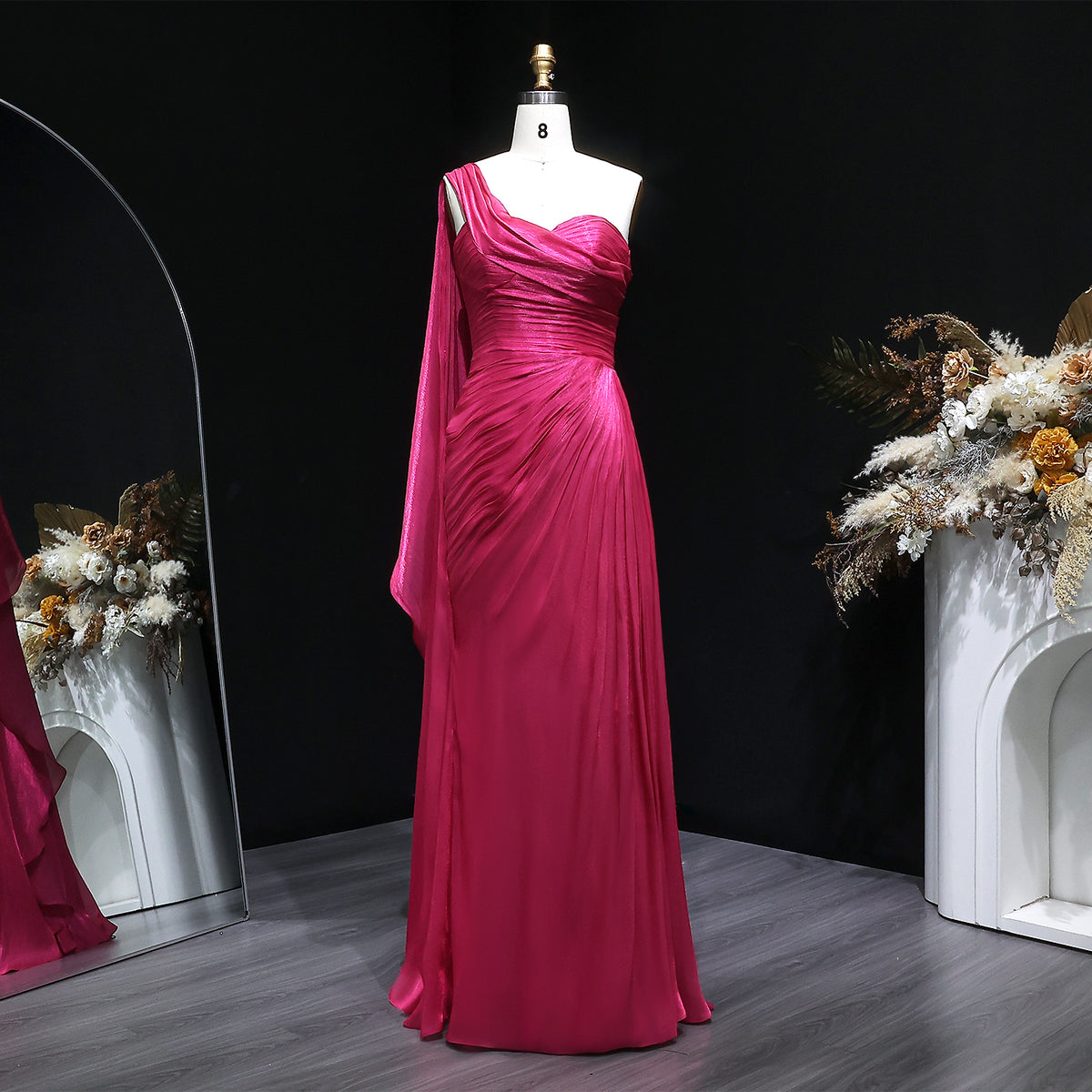 Luxury Fuchsia One Shoulder Evening Dress with Cap SF029