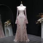 Luxury Soft Pink High Neck Long Sleeve Lace Evening Dress Bell Sleeve Ruffle SF065