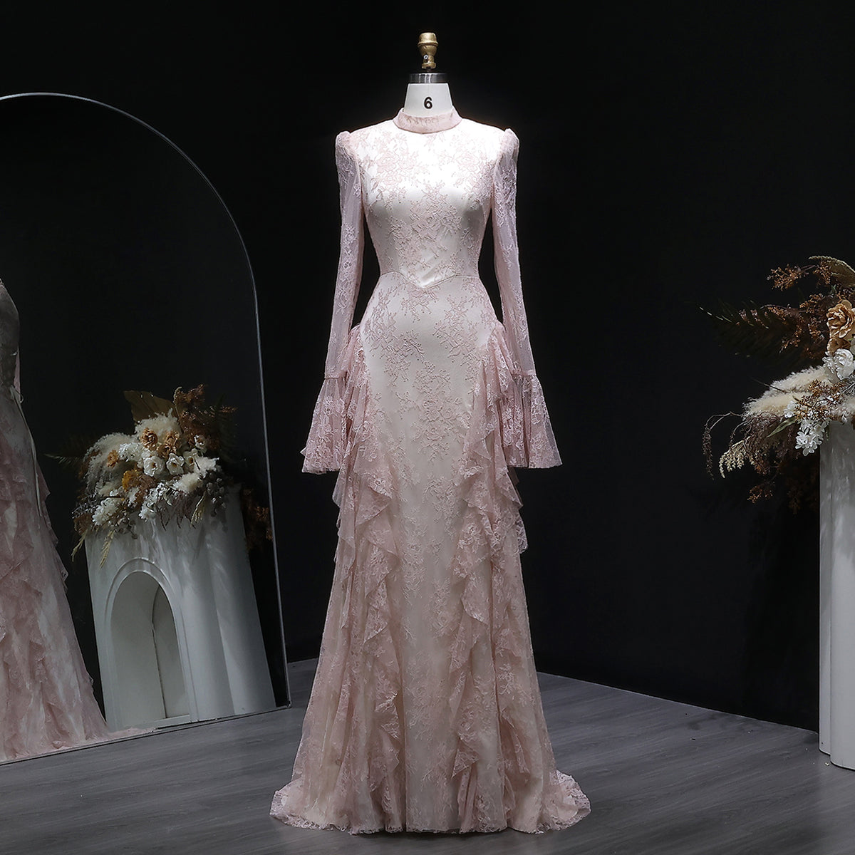 Luxury Soft Pink High Neck Long Sleeve Lace Evening Dress Bell Sleeve Ruffle SF065