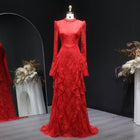 Luxury Soft Pink High Neck Long Sleeve Lace Evening Dress Bell Sleeve Ruffle SF065
