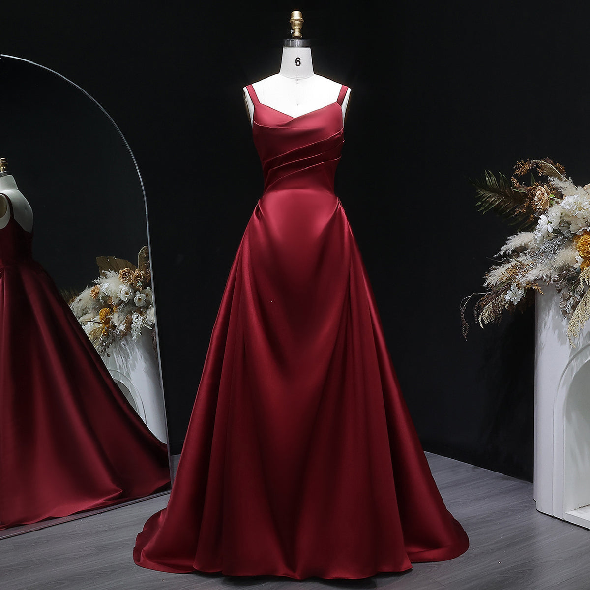 Luxury Wine Red Satin Ball Gown Evening Dress with Overskirt SF089