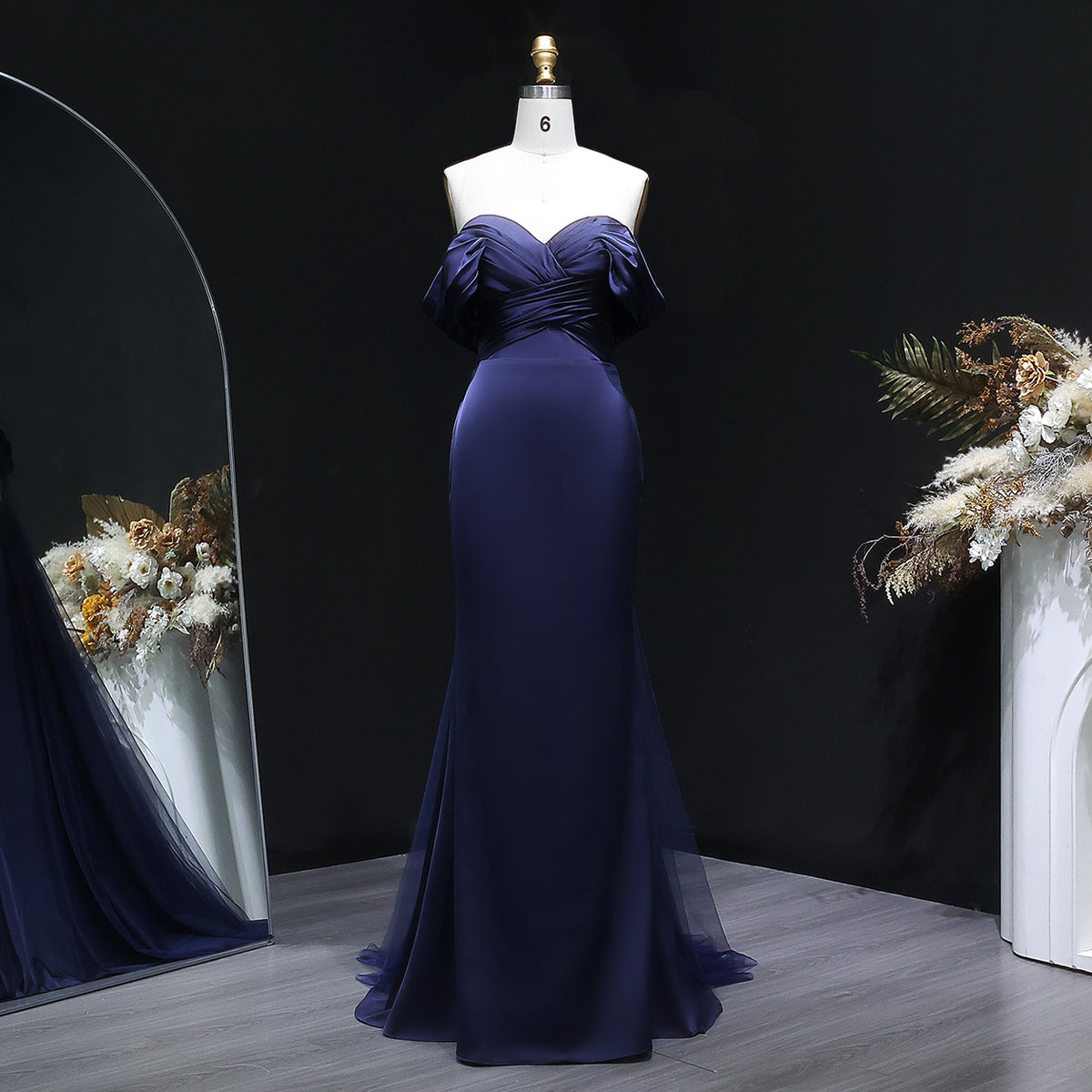 Luxury Lilac Off Shoulder Draped Evening Dress with Overskirt SF096
