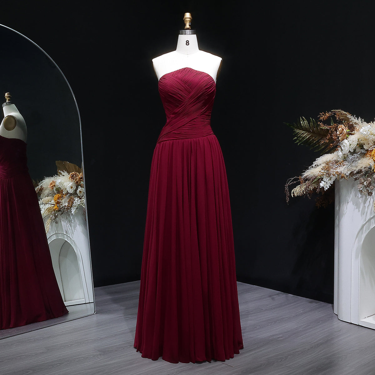 Elegant Red Chiffon A-Line Strapless Long Evening Dress with Slit SF141