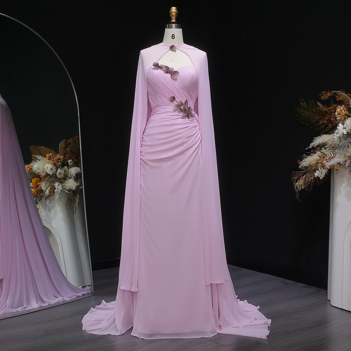 Elegant Romantic Light Pink Evening Dress with Cape SF223