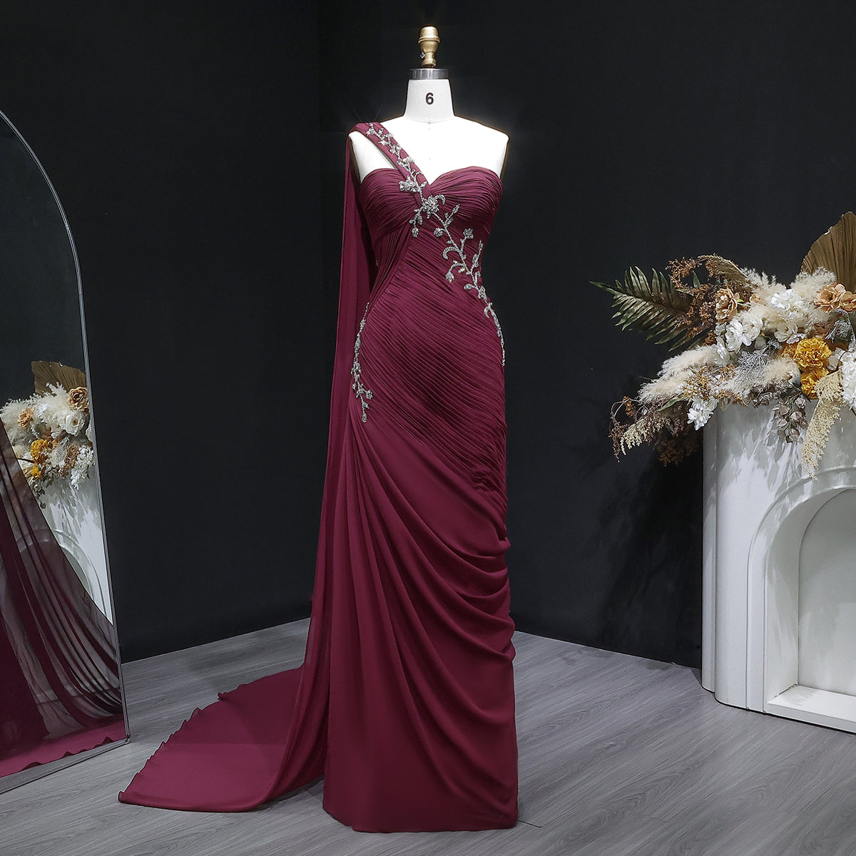Elegant Light Pink Draped One Shoulder Evening Dress with Cap SF249