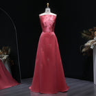 Luxury Rose Pink Beaded Satin Spaghetti Strap Evening Dress SF302