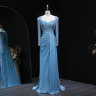 Luxury Crystal Long Sleeves Evening Dress with Overskirt and Slit SF409