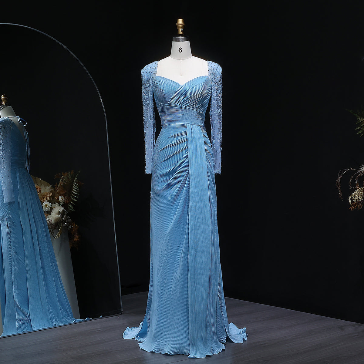 Luxury Crystal Long Sleeves Evening Dress with Overskirt and Slit SF409