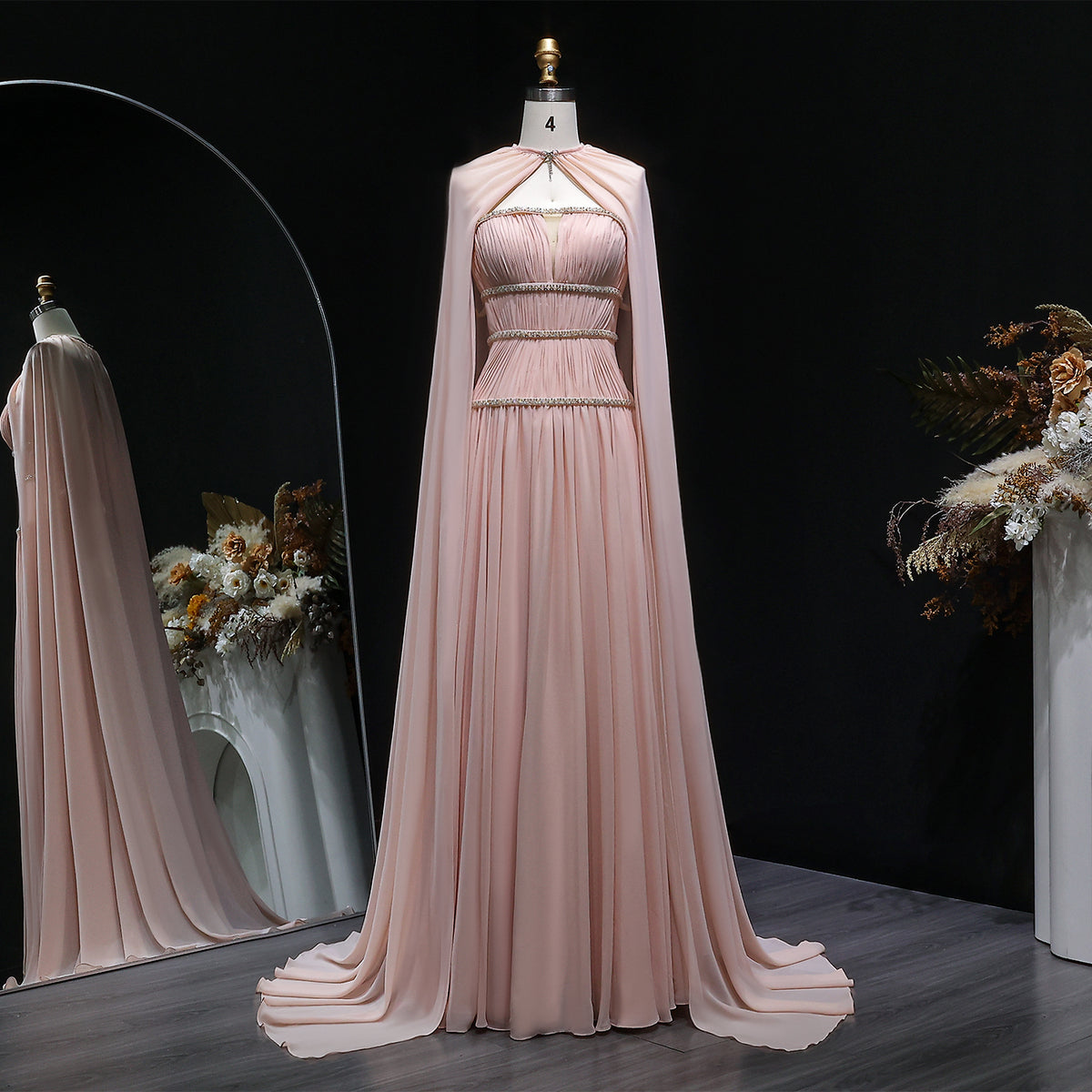 Luxury Pink Crystal Strapless Pleated Evening Dress with Cap SF420