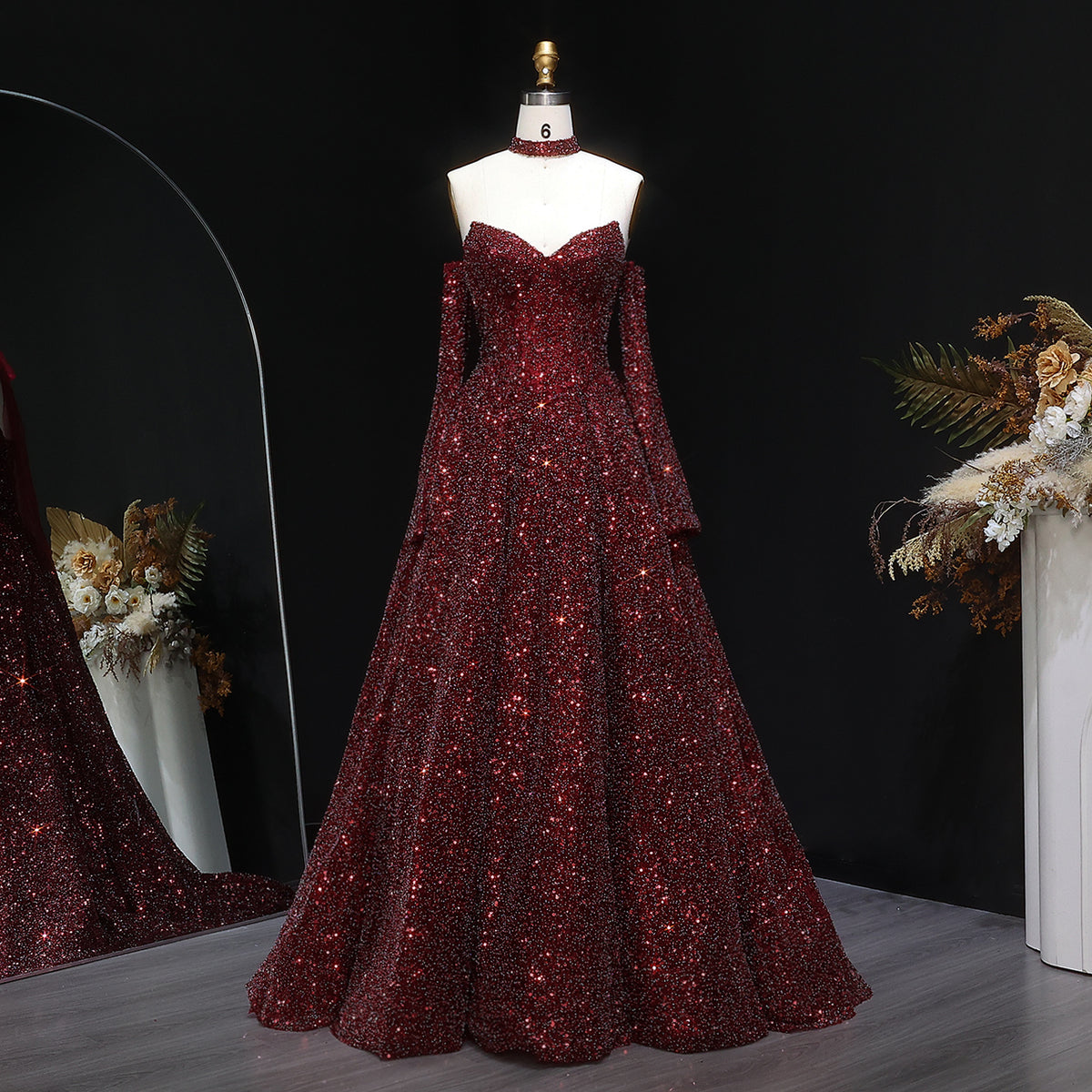 Stunning Burgundy Strapless Sequin Evening Dress with Gloves SF437