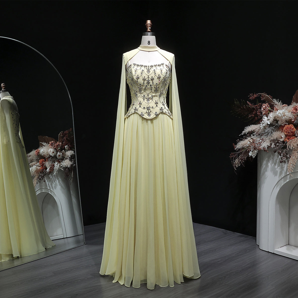 Chic Yellow Crystal Beaded Chiffon Evening Dress with Cape Sleeve SF449