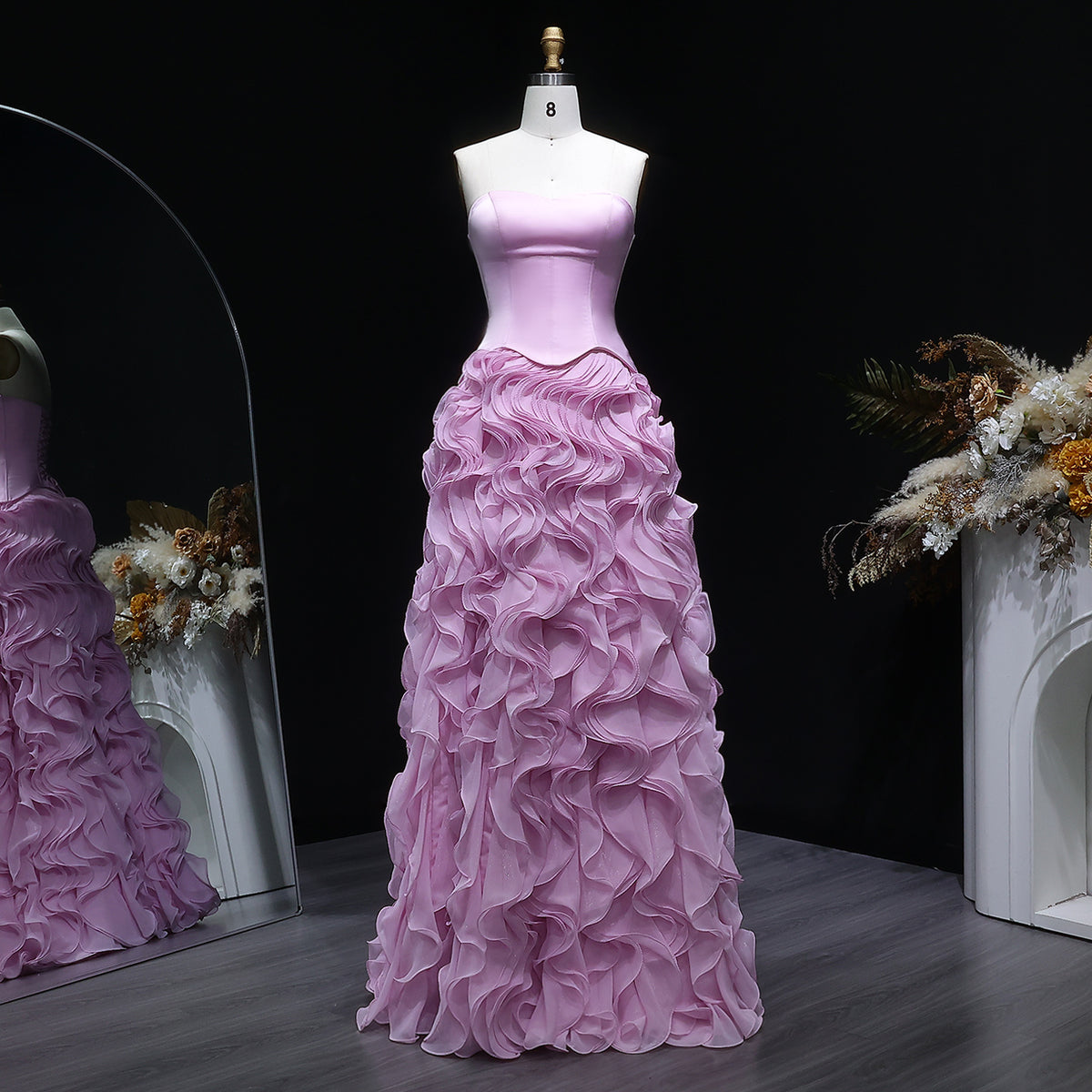 Luxury Pink Strapless Layered Ruched Evening Dress SF452