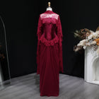 Luxury Burgundy Lace Panel Long Sleeve Fitted Evening Dress with Cape SF462