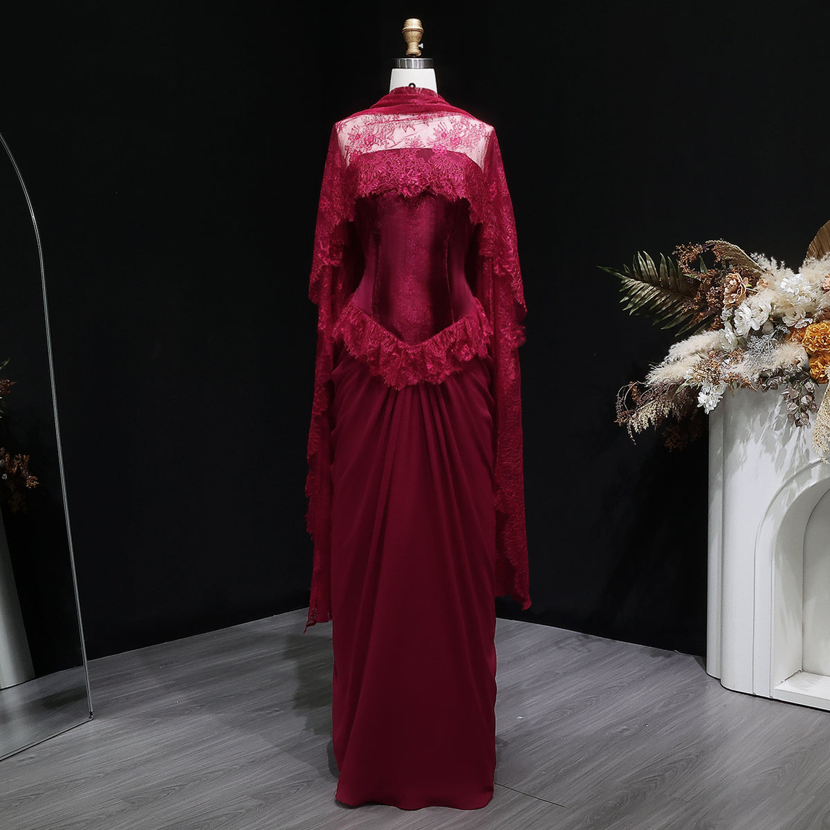Luxury Burgundy Lace Panel Long Sleeve Fitted Evening Dress with Cape SF462