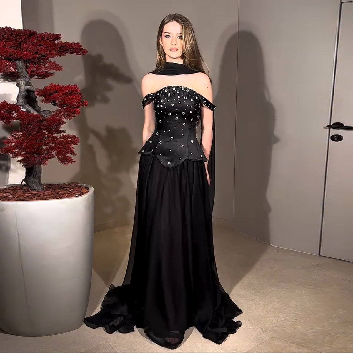 Luxury Black Beaded Waist Evening Dress with Scarf SF467