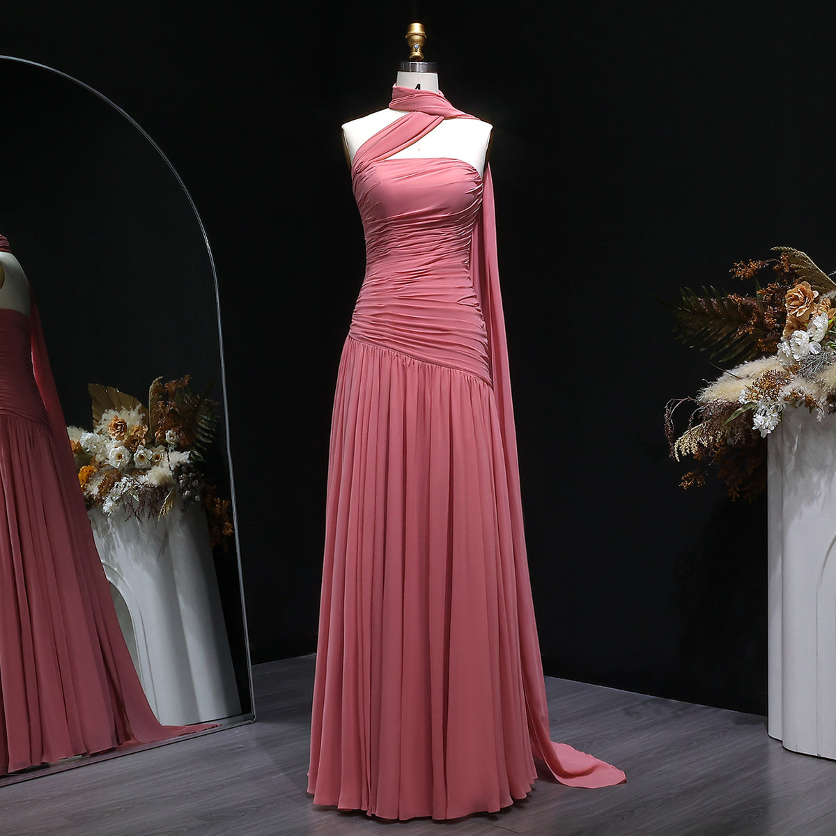 Elegant Strapless Pink Evening Dress with Cape SF482