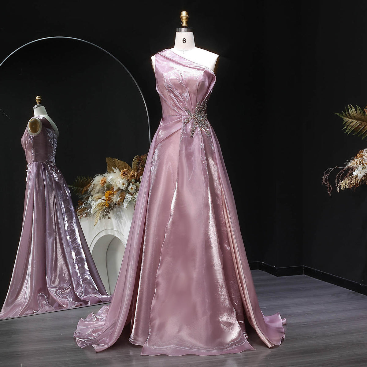 Romantic Pink One-Shoulder Beaded Mermaid Evening Dress with Overskirt SF503