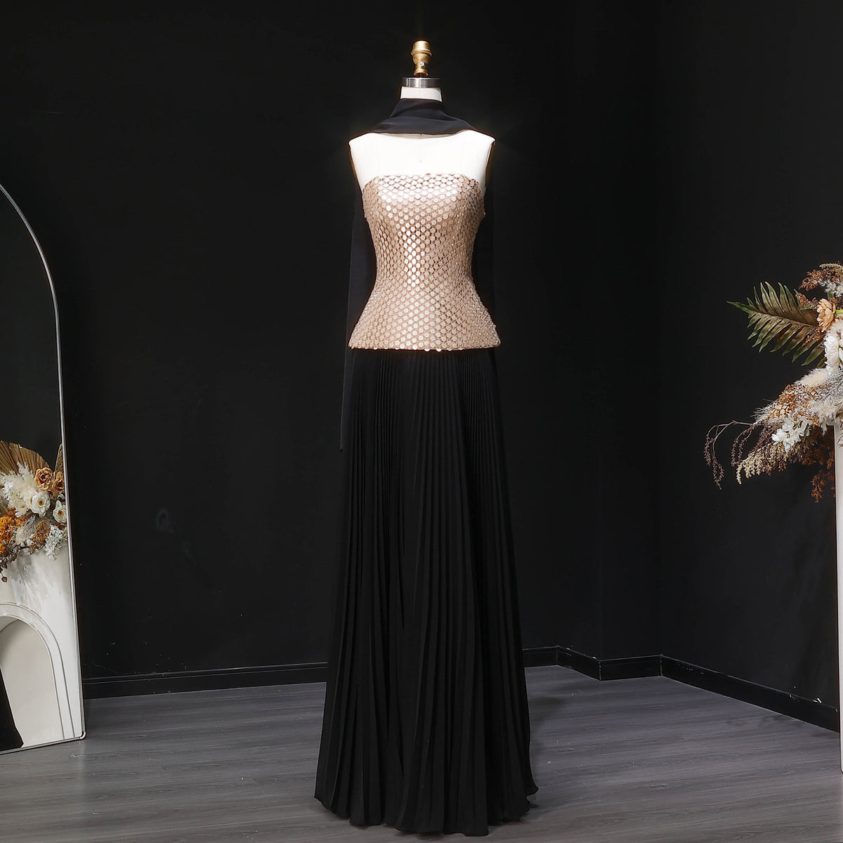 Elegant Black Champagne Strapless Pleated Chiffon Evening Dress with Scarf SF506