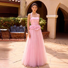 Luxury Pink Strapless Applique Tulle A-Line Evening Dress with 3D Floral SF511