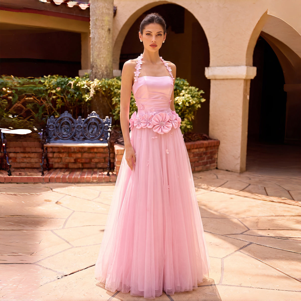 Luxury Pink Strapless Applique Tulle A-Line Evening Dress with 3D Floral SF511
