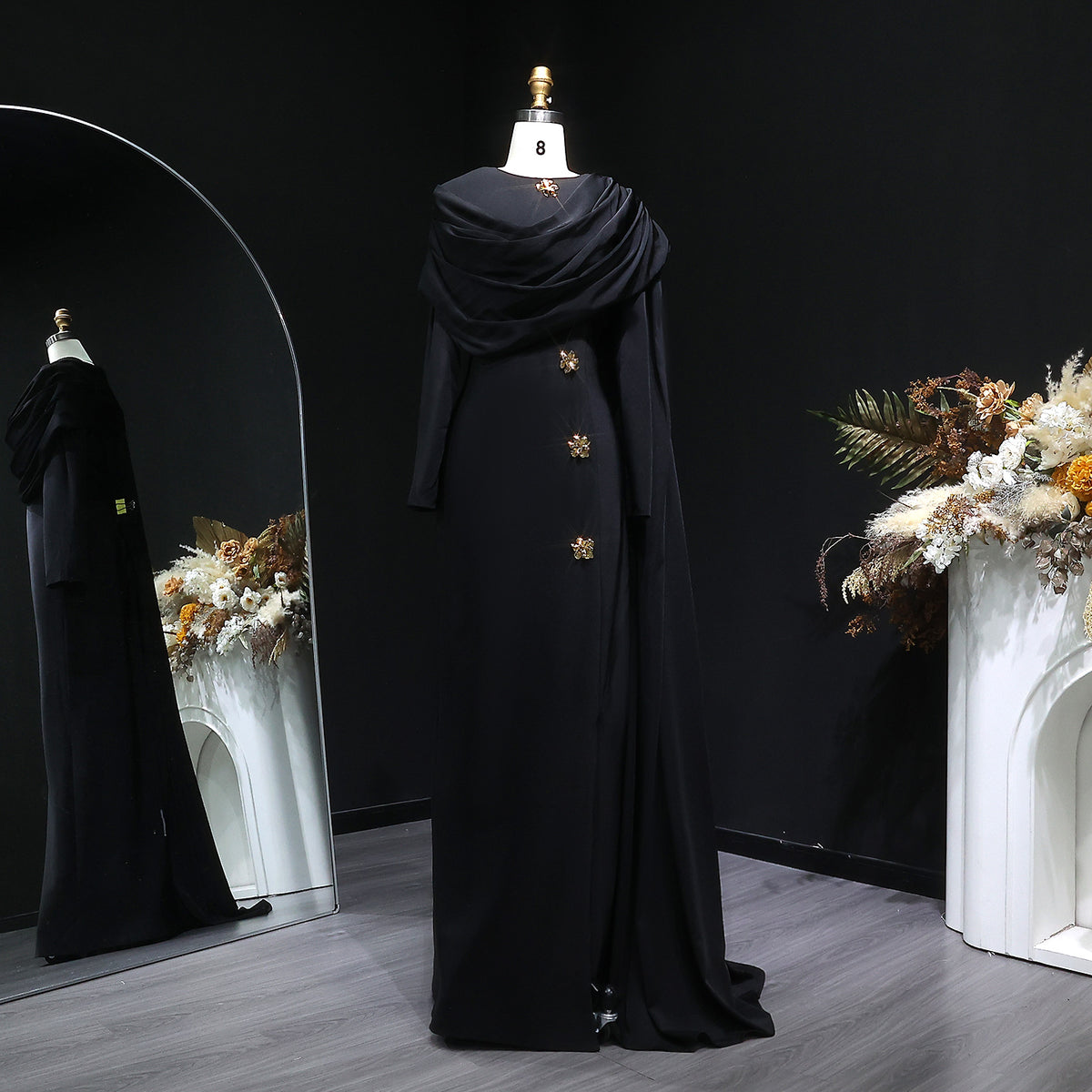 Elegant 3D Floral White Long Sleeves Evening Dress with Cape SF536