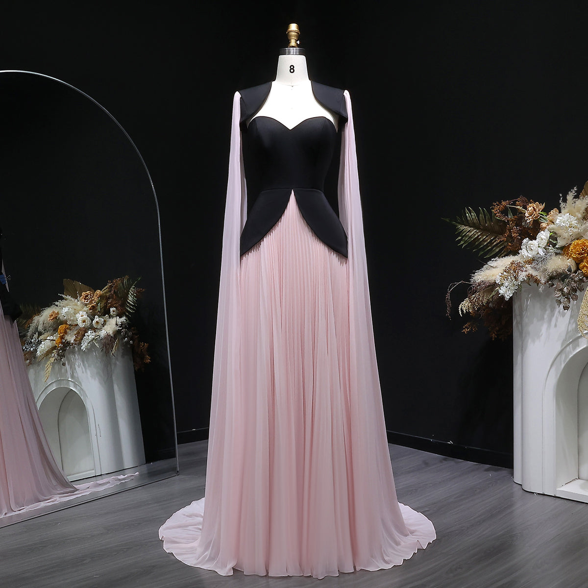 Trendy Black-Pink Paneled Pleated Evening Dress with Flowing Sleeves SF590
