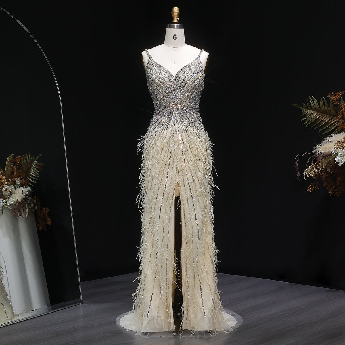 Luxury Beaded Blue Mermaid Feathers Evening Dress SS004