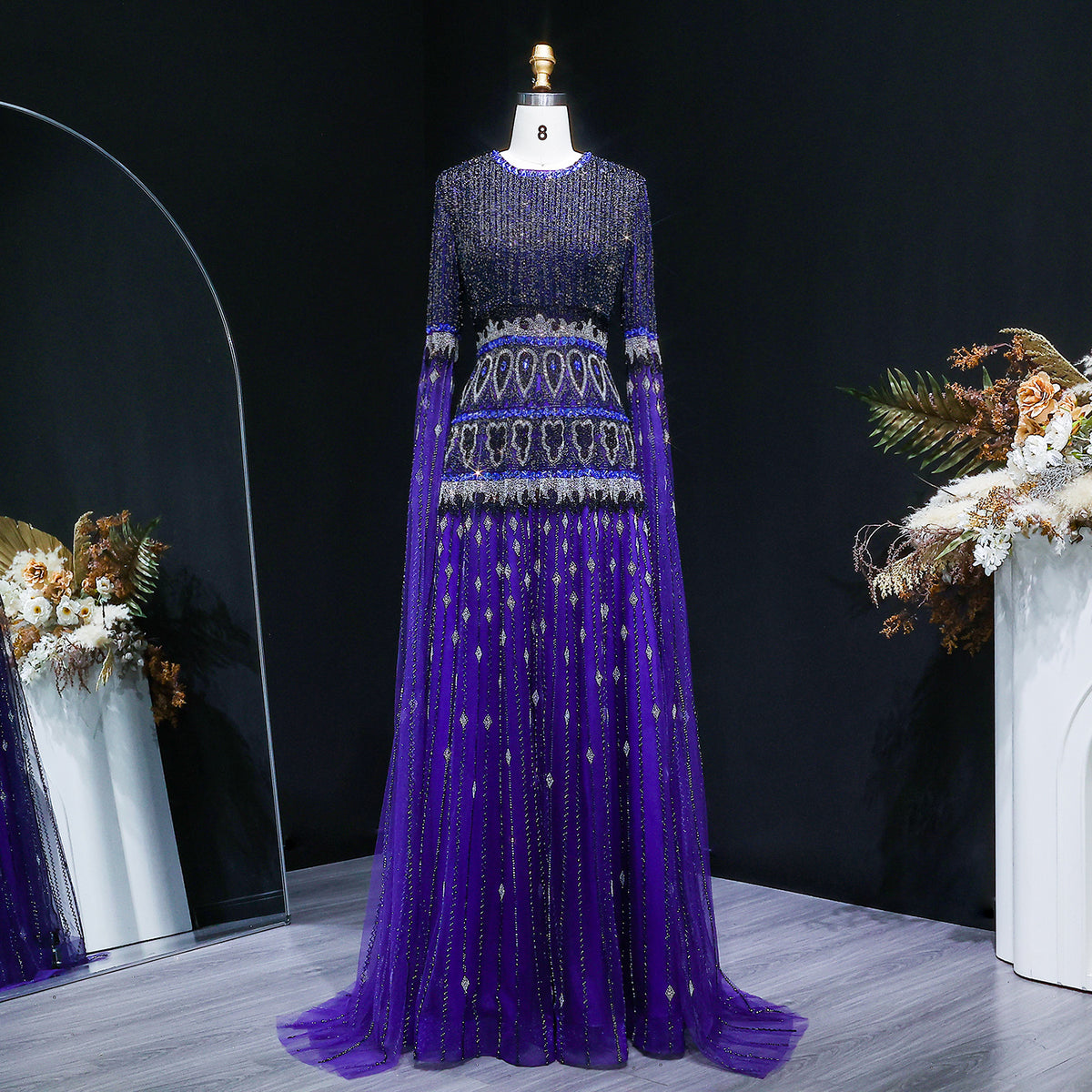Purple Beaded Crystal Cape Sleeve Luxury Evening Dress SS009