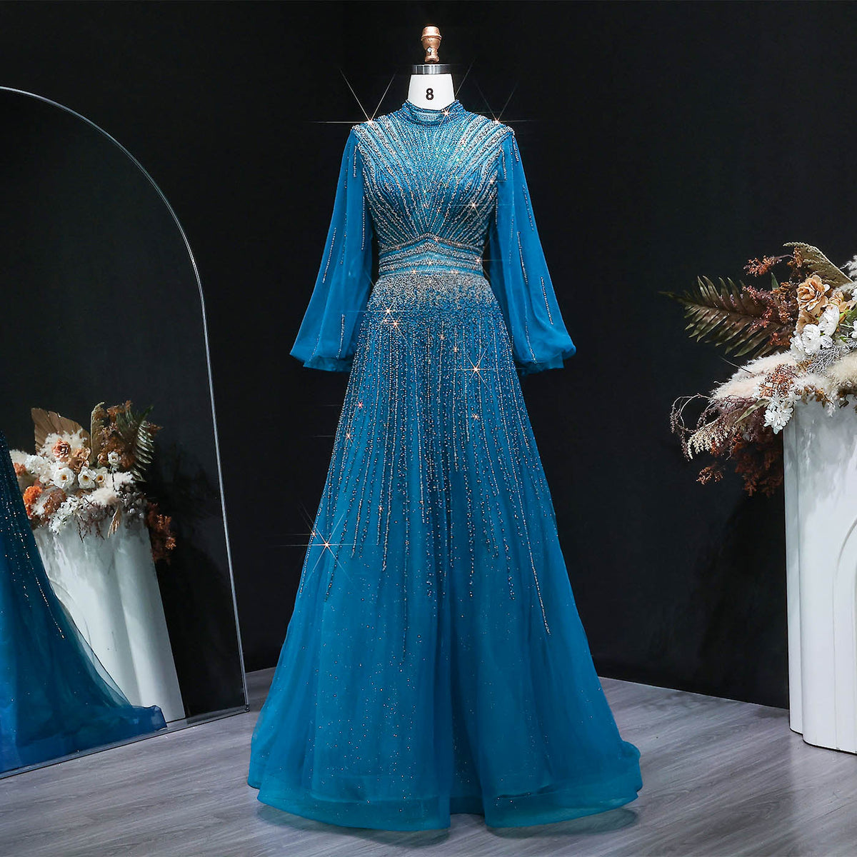 Blue Luxury Sequin Beaded Long Sleeve Evening Dress SS012