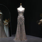 Champagne Spaghetti Strap Beaded Mermaid High Slit Evening Dress
