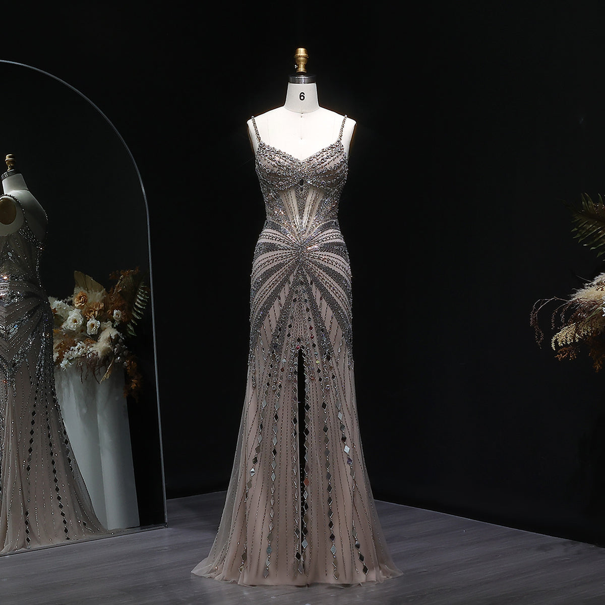 Champagne Spaghetti Strap Beaded Mermaid High Slit Evening Dress