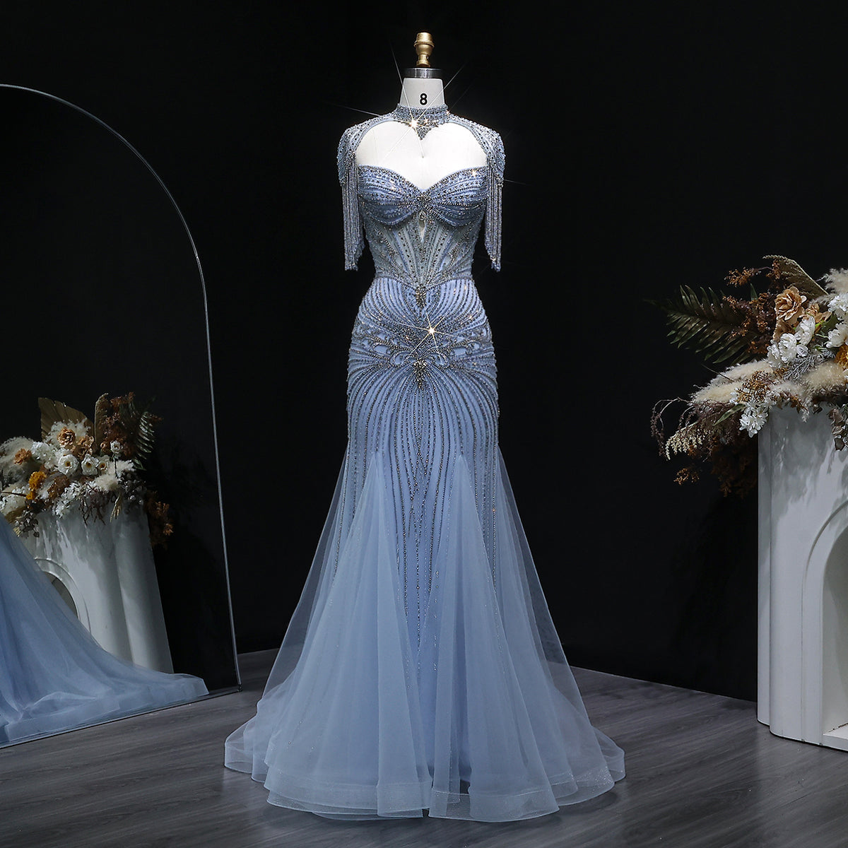 Champagne Beaded Crystal Tassel Shoulder Luxury Evening Dress SS021