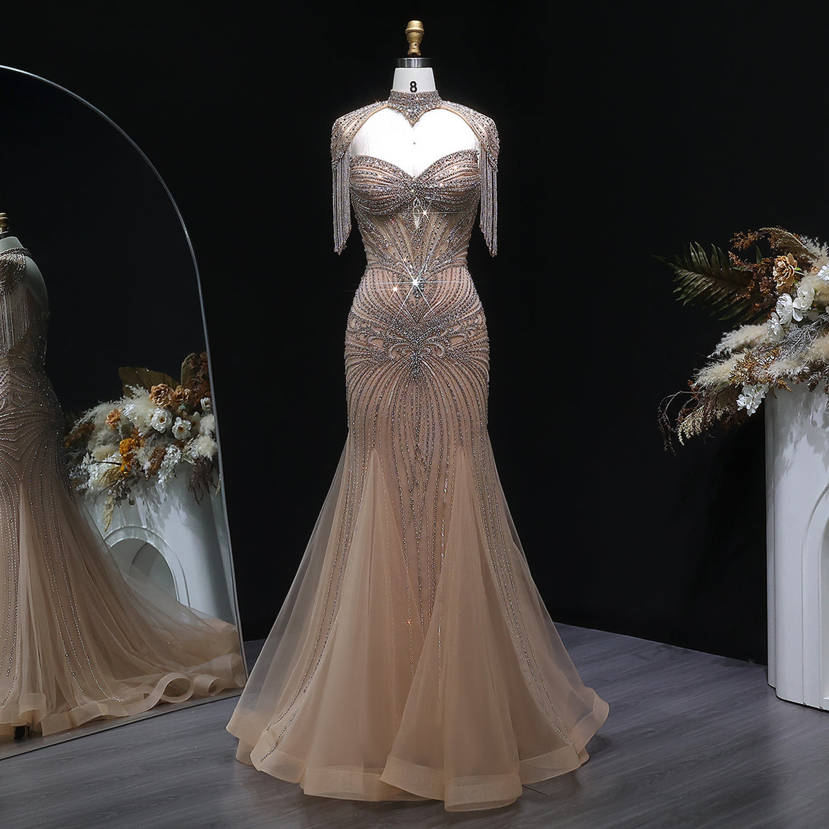 Champagne Beaded Crystal Tassel Shoulder Luxury Evening Dress SS021