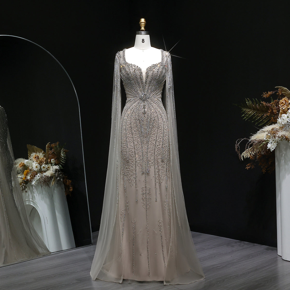 Square Neck Cape Sleeve Crystal Beaded Mermaid Evening Dress