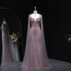 Square Neck Cape Sleeve Crystal Beaded Mermaid Evening Dress