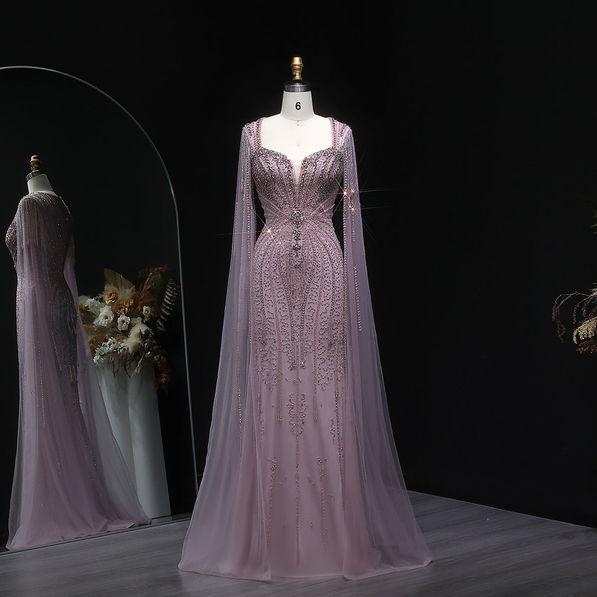 Square Neck Cape Sleeve Crystal Beaded Mermaid Evening Dress