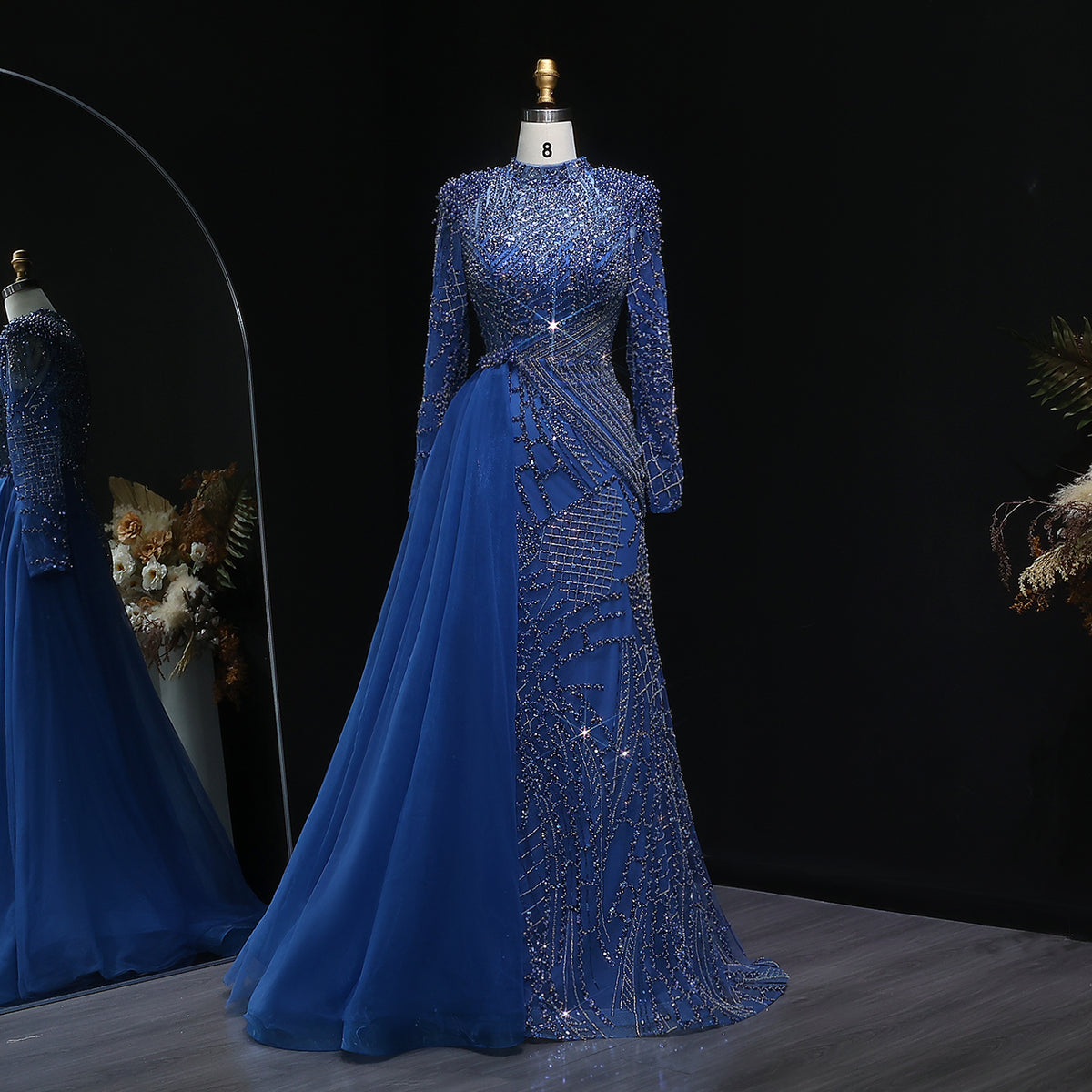 Turquoise High Neck Crystal Beaded Overskirt Mermaid Evening Dress