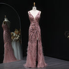 Pink V‑Neck Beaded Feather Slit Mermaid Evening Dress