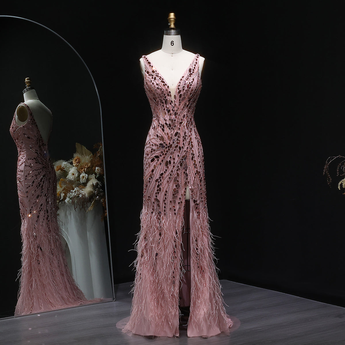 Pink V‑Neck Beaded Feather Slit Mermaid Evening Dress