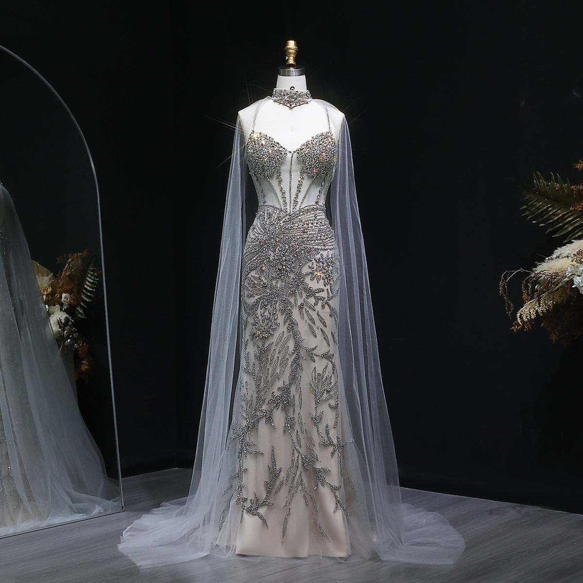 Champagne Beaded Sweetheart Mermaid Evening Dress with Cape