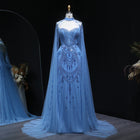 Blue Beaded Mermaid Evening Dress with Cape Sleeve