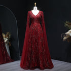 Wine Red Sparkly Beaded Cape Sleeve A‑Line Evening Dress
