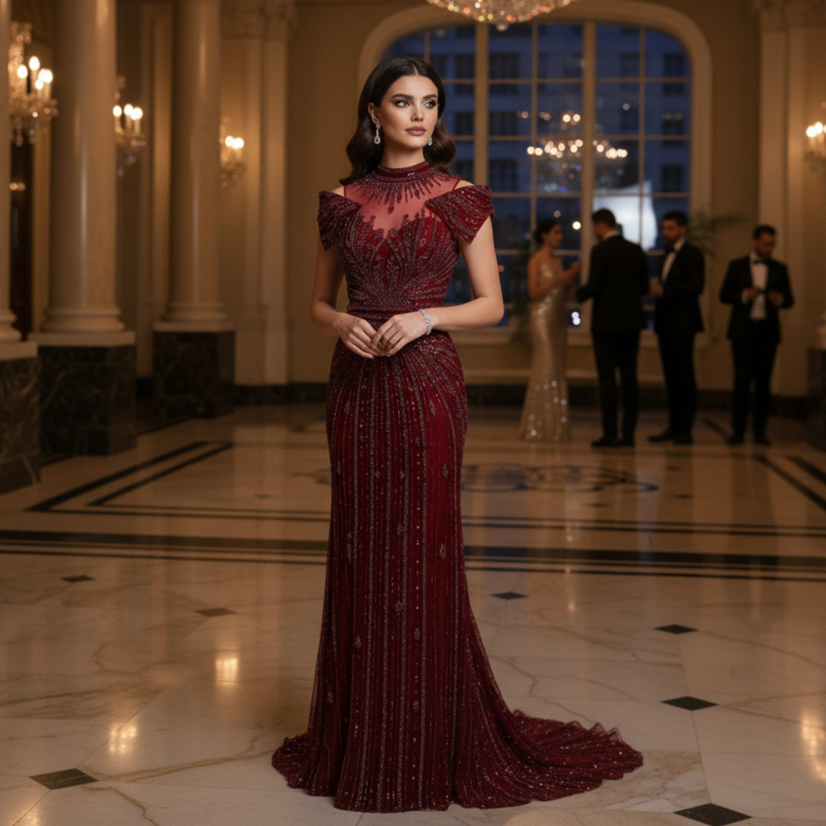 Luxury Wine Red Off-Shoulder Beaded Evening Dress SS109