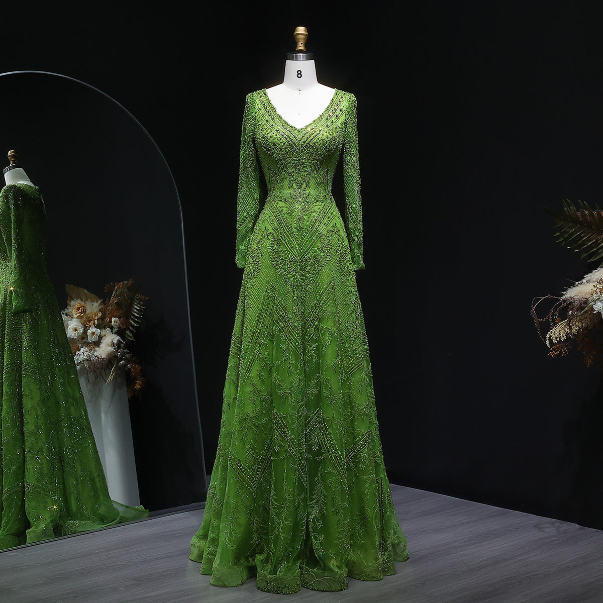 Lime Green Sparkly Beaded Long Sleeve A-Line Evening Dress