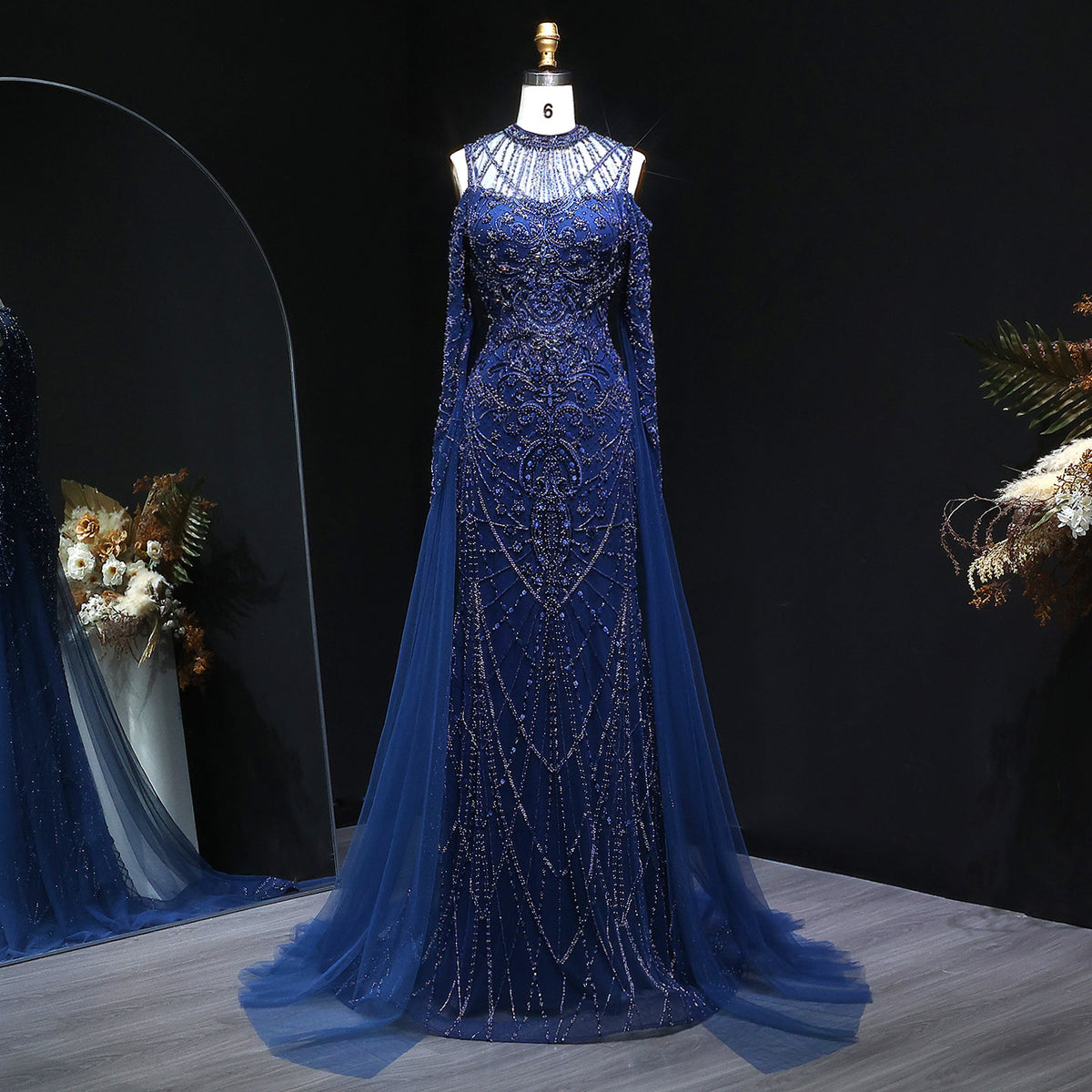 Luxury Navy Blue Cape Sleeves Beaded Tulle Evening Dress